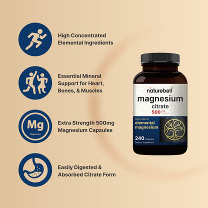 NatureBell Magnesium Citrate 500mg, 240 Capsules | High Purity Elemental Form NatureBellBuy Supplements Australia