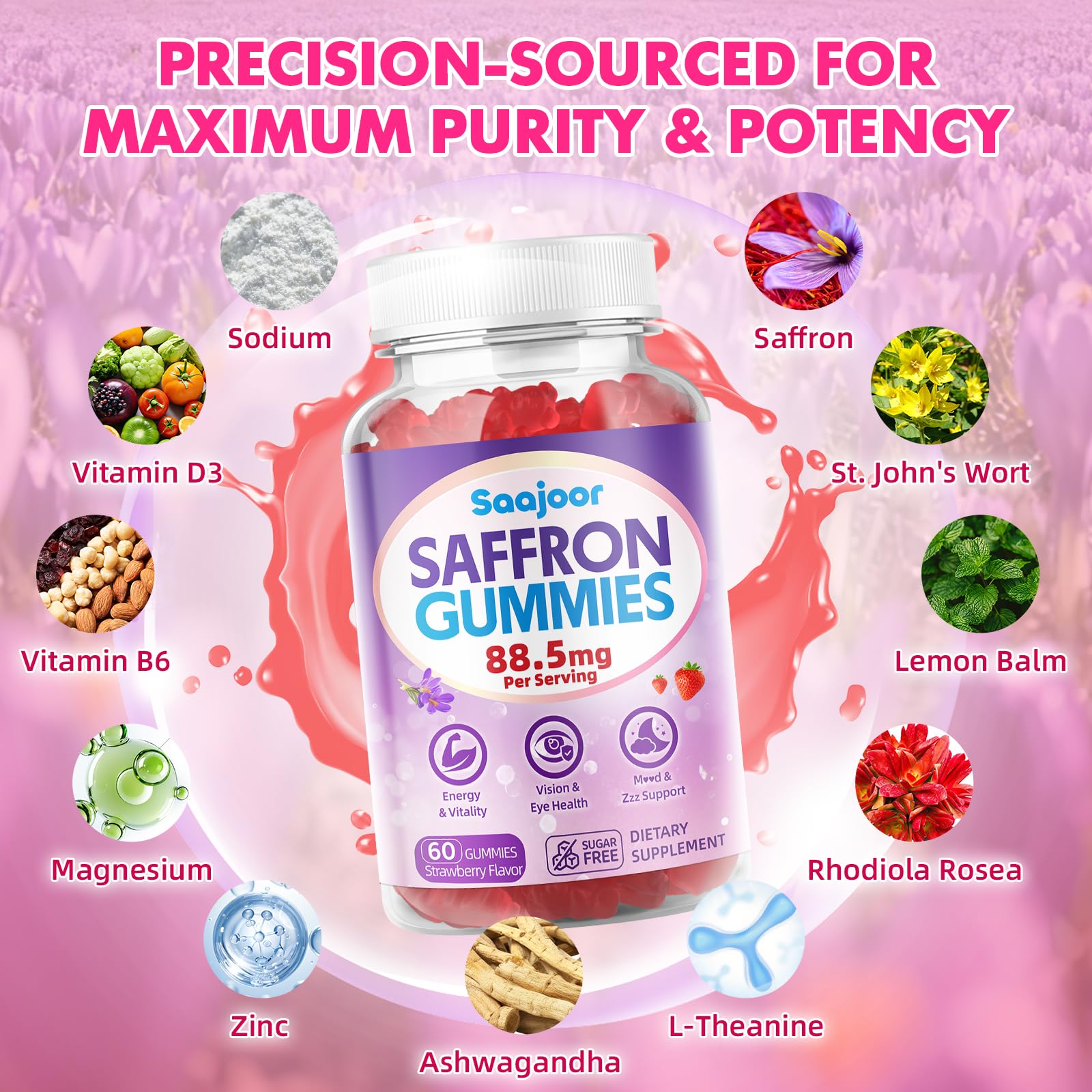 Saffron Gummies for Adult Kids - with Saffron 88.5mg, Vitamins D3 & B6, Magnesium, Zinc, Ashwagandha, L - Theanine, St. John's Wort - Supports Mood & Focus, Strawberry Flavor, 120 Count SaajoorBuy Supplements Australia