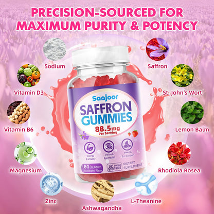 Saffron Gummies for Adult Kids - with Saffron 88.5mg, Vitamins D3 & B6, Magnesium, Zinc, Ashwagandha, L - Theanine, St. John's Wort - Supports Mood & Focus, Strawberry Flavor, 120 Count SaajoorBuy Supplements Australia