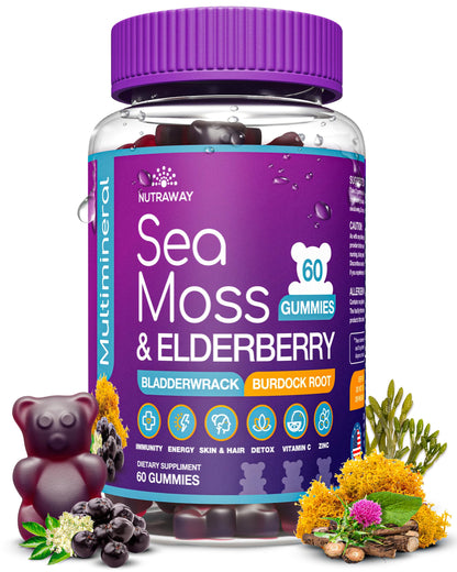 NUTRAWAY LABS Sea Moss Gummies with Elderberry, Vitamin C & Zinc - 102 Minerals from Irish Sea Moss, Bladderwrack & Burdock Root for Immune Support - Vegan Seamoss Supplement (Pack of 1) NUTRAWAY LABSBuy Supplements Australia