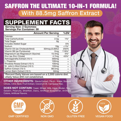 VAJYKEWJY Saffron Gummies (88.5 mg) with Magnesium — Enhanced with St. John’s Wort, Rhodiola, Ashwagandha & Vitamins B6, B12, D3 for Mood & Focus Support — 60 Count VAJYKEWJYBuy Supplements Australia