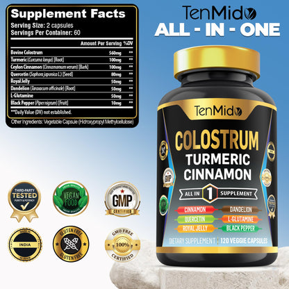 Tenmido Colostrum Supplement - 8in1 Formula - Combine with Turmeric, Ceylon Cinnamon, Quercetin, Royal Jelly, Dandelion, L- Glutamine, and Black Pepper - Digestive Health Support - 120 Capsules TenmidoBuy Supplements Australia