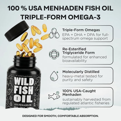 Wild Foods Omega 3 Fish Oil Supplement, 120 Capsules (1 pk) | Wild Caught, Burpless, Odorless, Non-GMO, Gluten Free | DPA, DHA, EPA Triple Strength Heart & Joint Nutrition for Women & Men Wild FoodsBuy Supplements Australia