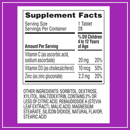 Zarbee's Kids Immune Support, Vitamin C, D & Zinc Daily Immunity Vitamins for Children 4+ Years, Natural Tropical Fruit Flavor, 28 Chewable Tablets Zarbee's
