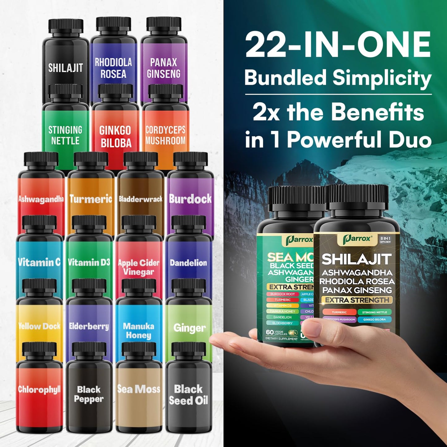 Parrox Shilajit and Sea Moss Bundle, Sea Moss 350mg, Black Seed Oil 200mg, Ashwagandha 100mg, Turmeric, Shilajit 300mg, Rhodiola Rosea 100mg, Panax Ginseng 50mg, Dynamic Vitality Bundle (2 Pack) ParroxBuy Supplements Australia