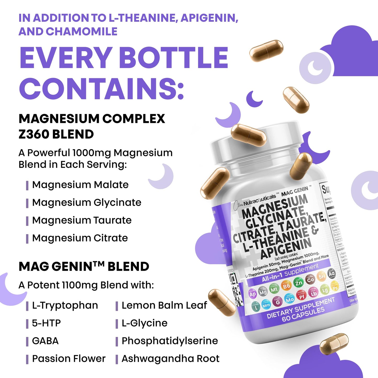 Clean Nutraceuticals Magnesium Glycinate Complex 1000mg with L-Theanine 200mg Apigenin 50mg Citrate Taurate Supplement - 5-HTP GABA Passion Flower Lemon Balm L-Glycine Phosphatidylserine - 60 Count Clean NutraceuticalsBuy Supplements Australia