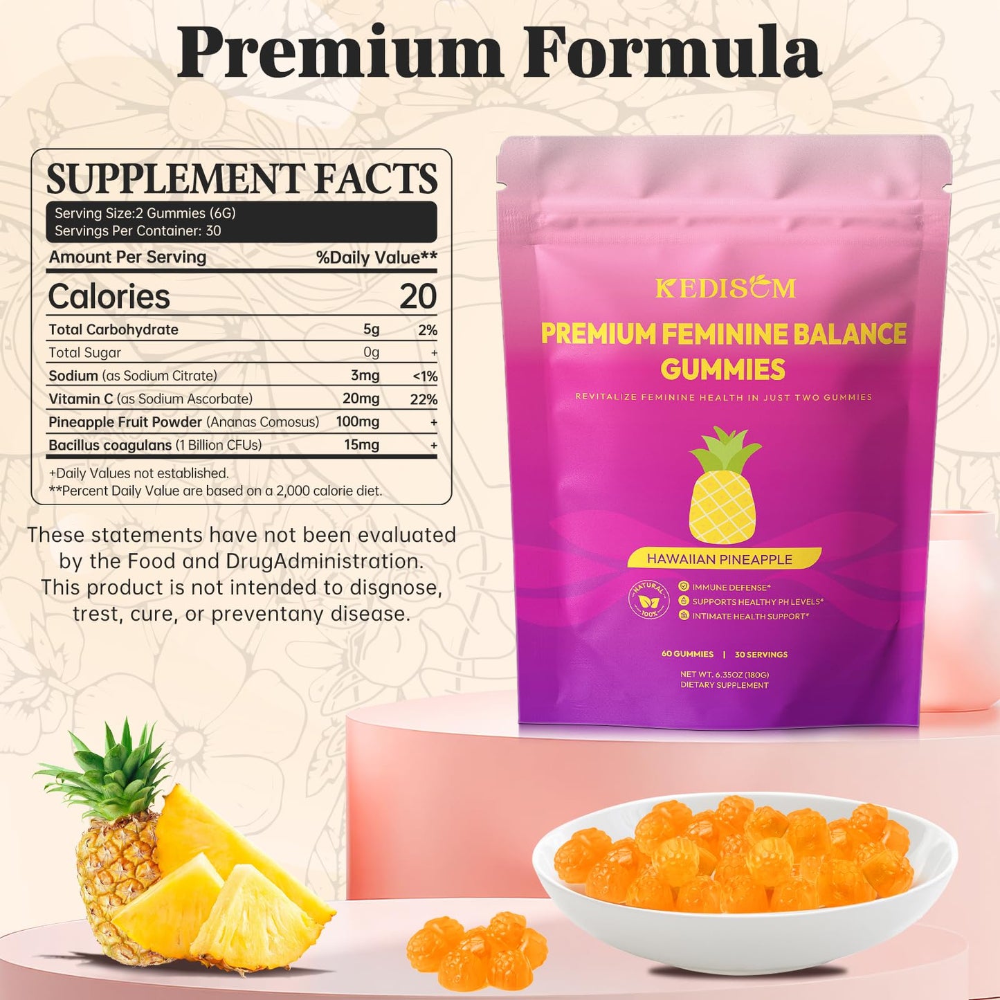 KEDISOM Premium Feminine Balance Gummies - for Women’s Health & Wellness - Immune Support - Vegan, Gluten-Free - Hawaiian Pineapple - 60 Gummies - 30 Servings KEDISOMBuy Supplements Australia