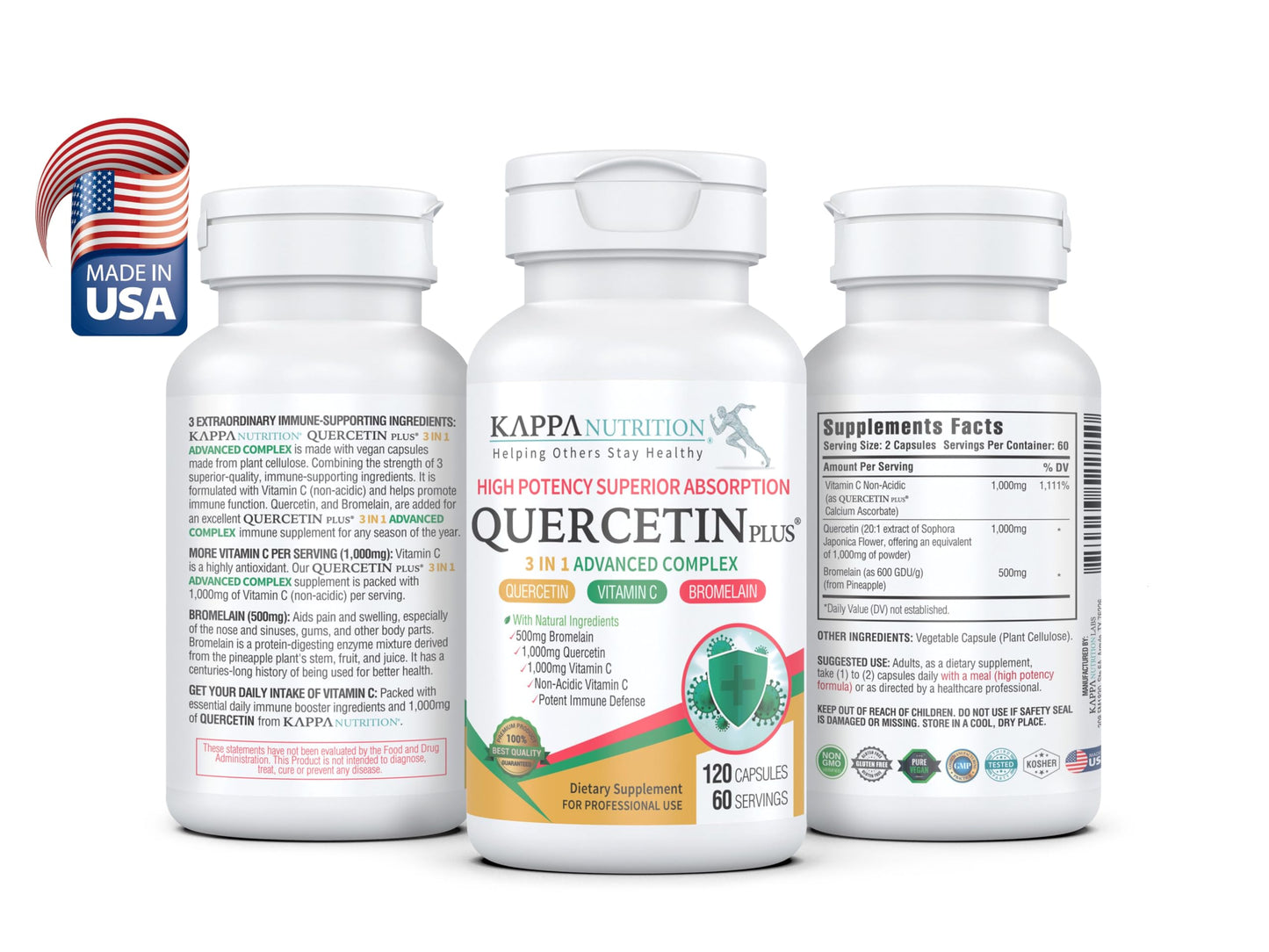 QUERCETIN PLUS, Quercetin 1,000mg, Bromelain 500mg and Vitamin C 1,000mg, (120 Capsules), 3 in 1 from Bioflavonoids, Supports Immune, Cardiovascular & Respiratory Health, Seasonal Allergy Relief. KAPPA NUTRITIONBuy Supplements Australia