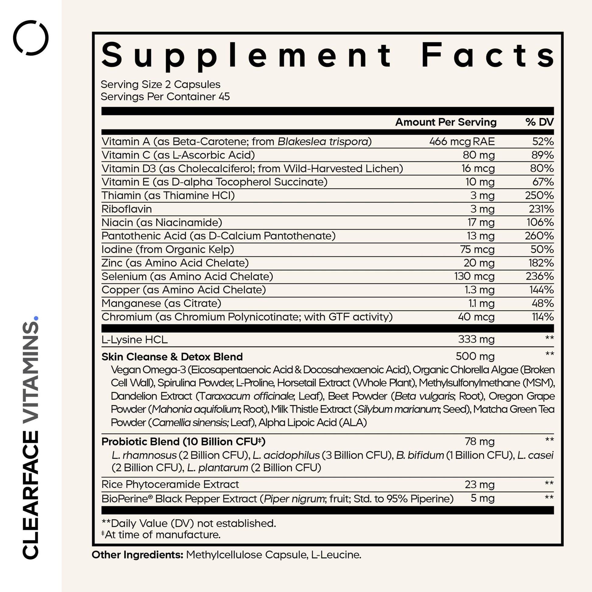 Codeage Clearface Pantothenic Acid, Niacin Supplement, Vitamins A, C, D3, E, Probiotics, Zinc, Riboflavin, Thiamin, L-Lysine HCL & Omega-3, Niacinamide, Skin Botanical Blend - Non-GMO - 90 Capsules CodeageBuy Supplements Australia