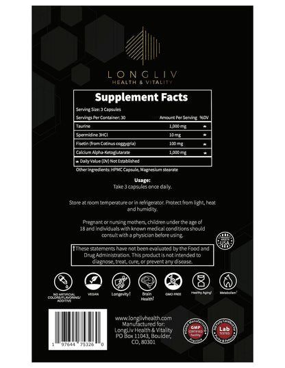 Longevity4Life - Ultimate Cellular Health Supplement - Fisetin, Taurine, Calcium Alpha-Ketoglutarate, and Spermidine Capsules for Longevity and Vitality - Made in USA - Physician Formulated LongLiv Health and VitalityBuy Supplements Australia