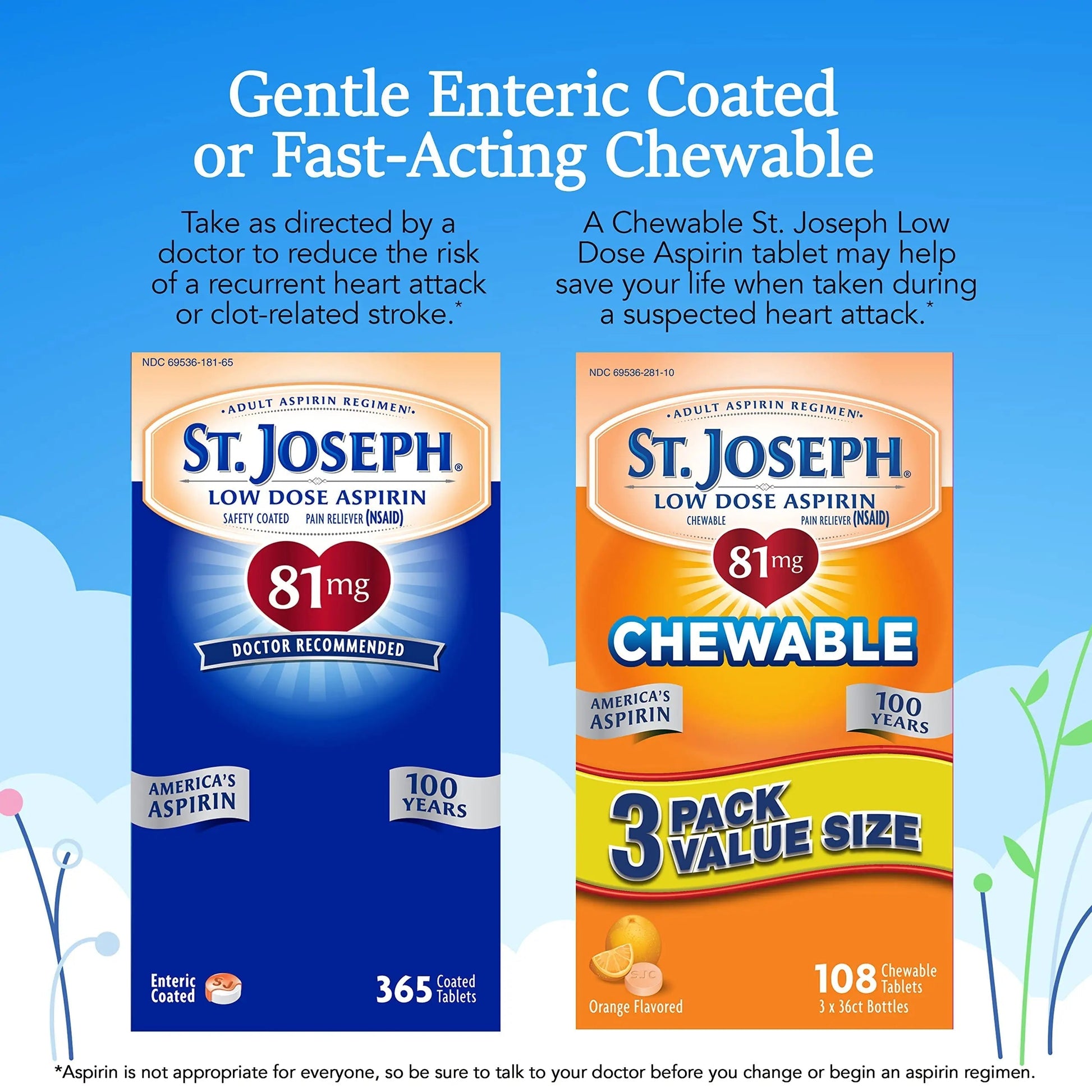 St. Joseph Aspirin Pain Reliever (NSAID) 81mg, Chewable Orange Tablets Adult Low Dose Regimen , 108 ct (3 x 36 ct Tablets per Bottle) St. JosephBuy Supplements Australia