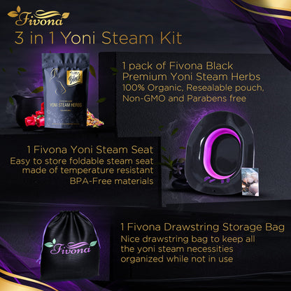 Fivona 3-in-1 Yoni Steam Kit Black - Foldable Over The Toilet Steamer Seat with Herbal Blend and Storage FIVONABuy Supplements Australia