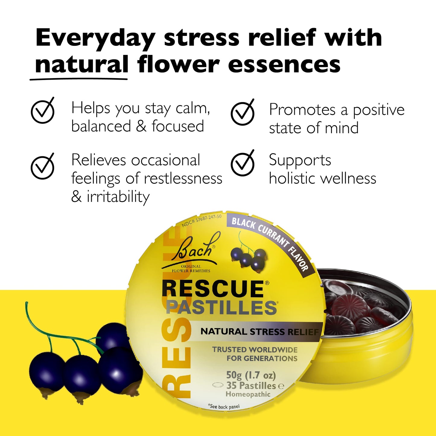 Bach RESCUE PASTILLES, Black Currant Flavor, Natural Stress Relief Lozenges, Homeopathic Flower RESCUEBuy Supplements Australia