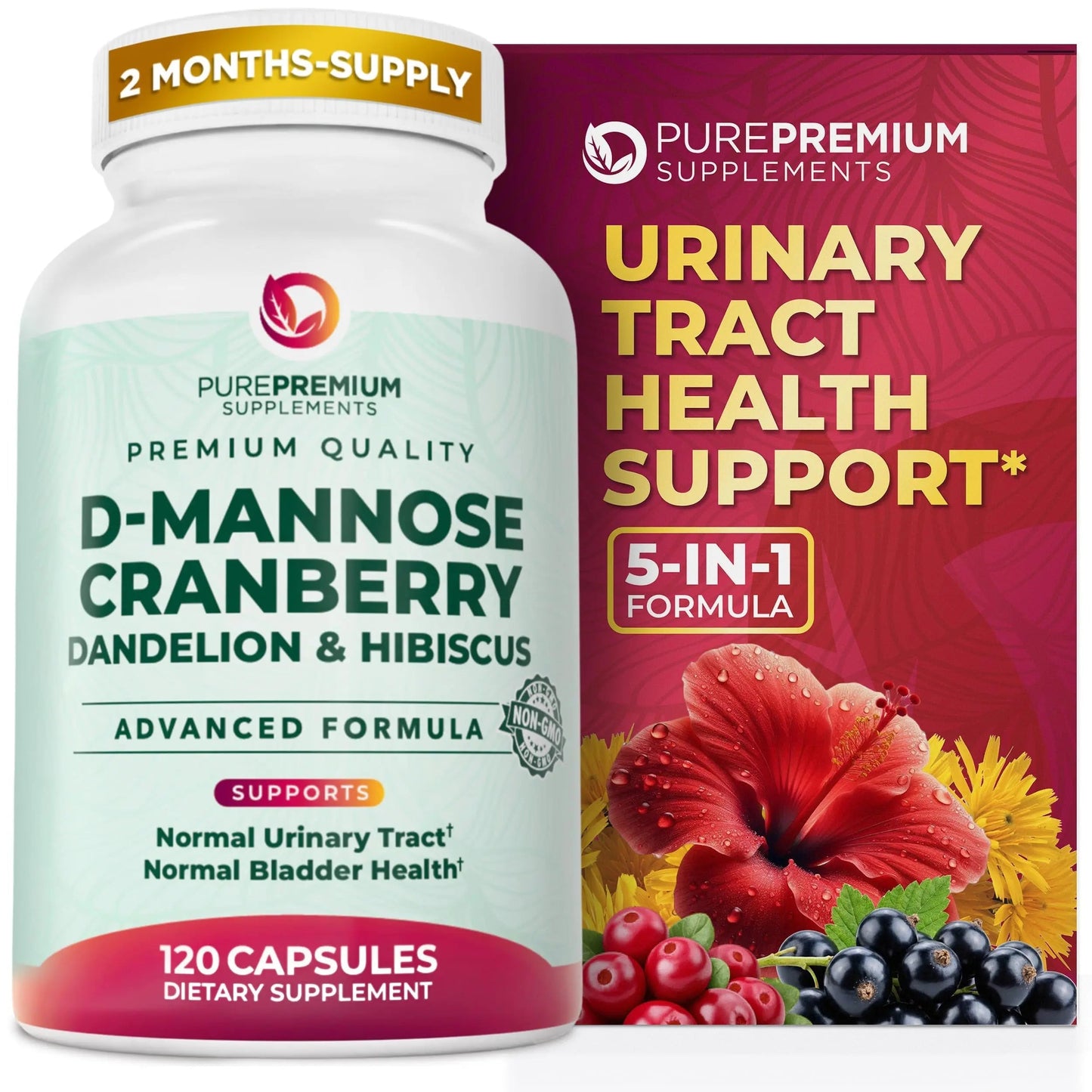 PurePremium D-Mannose with Cranberry, Hibiscus & Dandelion - 1000mg D-Mannose Supplements for Women Supports Urinary Tract Health & Bladder Health - Made in USA, Vegan, 120 Capsules, 2 Month Supply PurePremium SupplementsBuy Supplements Australia