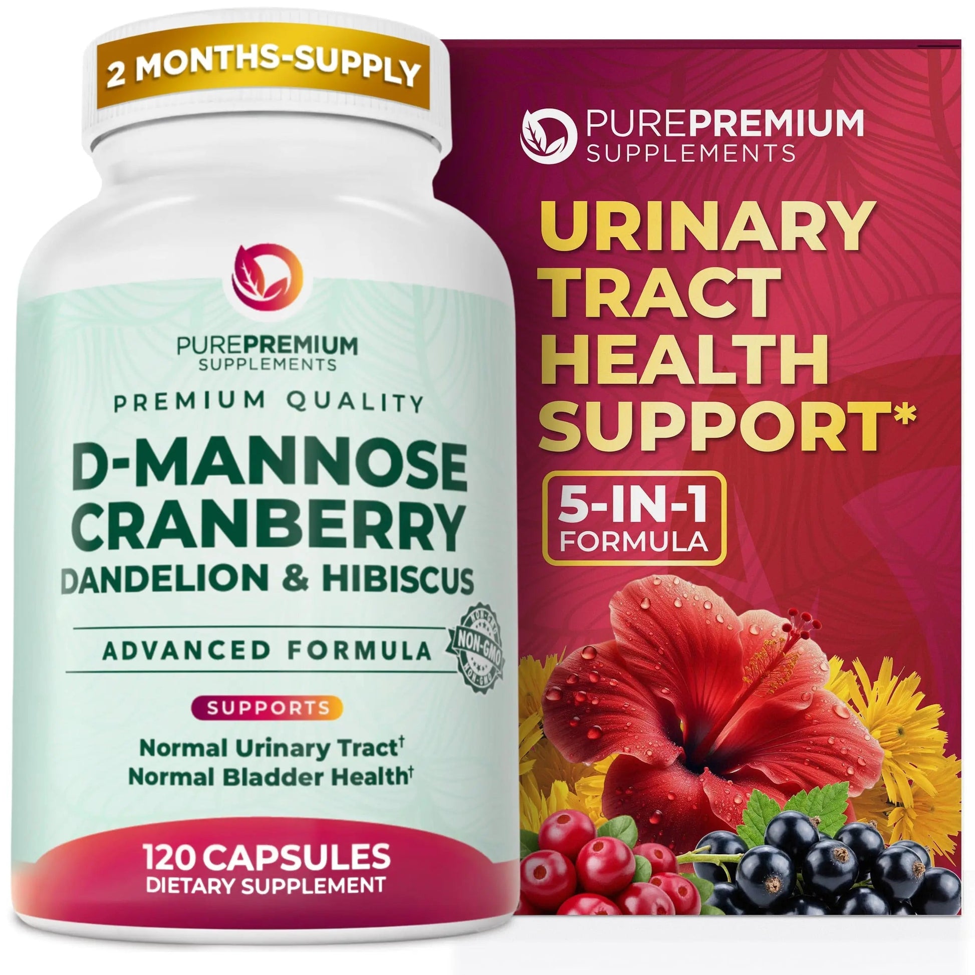 PurePremium D-Mannose with Cranberry, Hibiscus & Dandelion - 1000mg D-Mannose Supplements for Women Supports Urinary Tract Health & Bladder Health - Made in USA, Vegan, 120 Capsules, 2 Month Supply PurePremium SupplementsBuy Supplements Australia