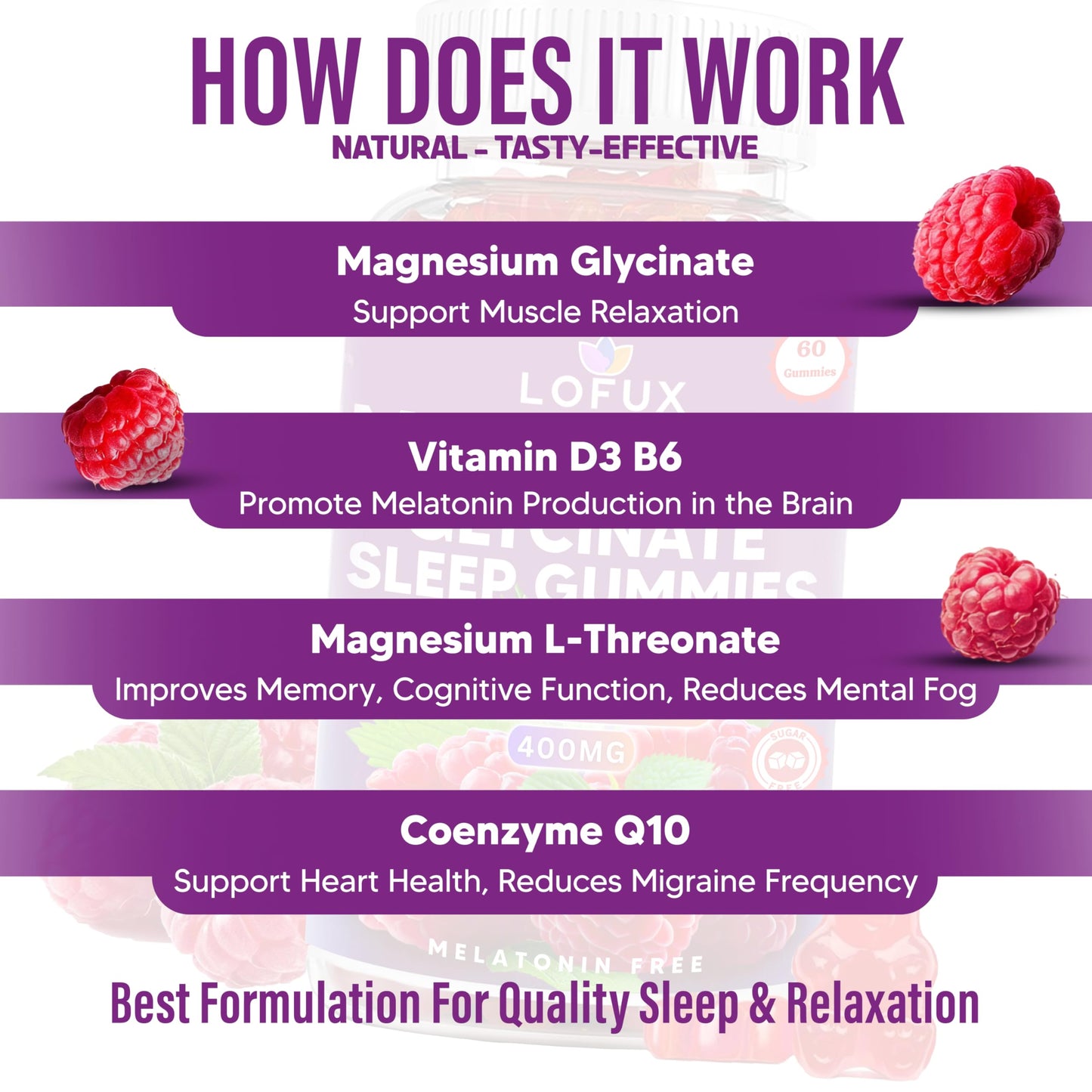 Lofux Magnesium Glycinate Gummies 400mg, Sugar Free Magnesium Gummies for Adults Women, Men, Chewable Supplement Gummy with L-Threonate, Vitamin D, B6, CoQ10 - for Calm, Sleep, Body Relaxation, 120 Ct LofuxBuy Supplements Australia