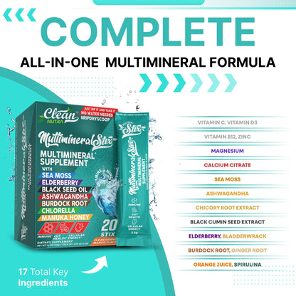Sea Moss Powder Elderberry Ashwagandha Chlorella Manuka Honey VitaminD3 Vitamin C Zinc Spirulina Iodine Greens Detox Immune Support Sugar Free Hydration Powder Drink Mix – 20 Sticks Clean NutraceuticalsBuy Supplements Australia