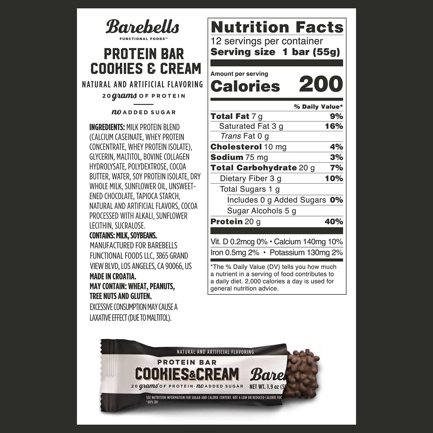 Barebells Protein Bars Cookies & Cream - 12 Count, 1.9oz Bars - Protein Snacks with 20g BAREBELLSBuy Supplements Australia