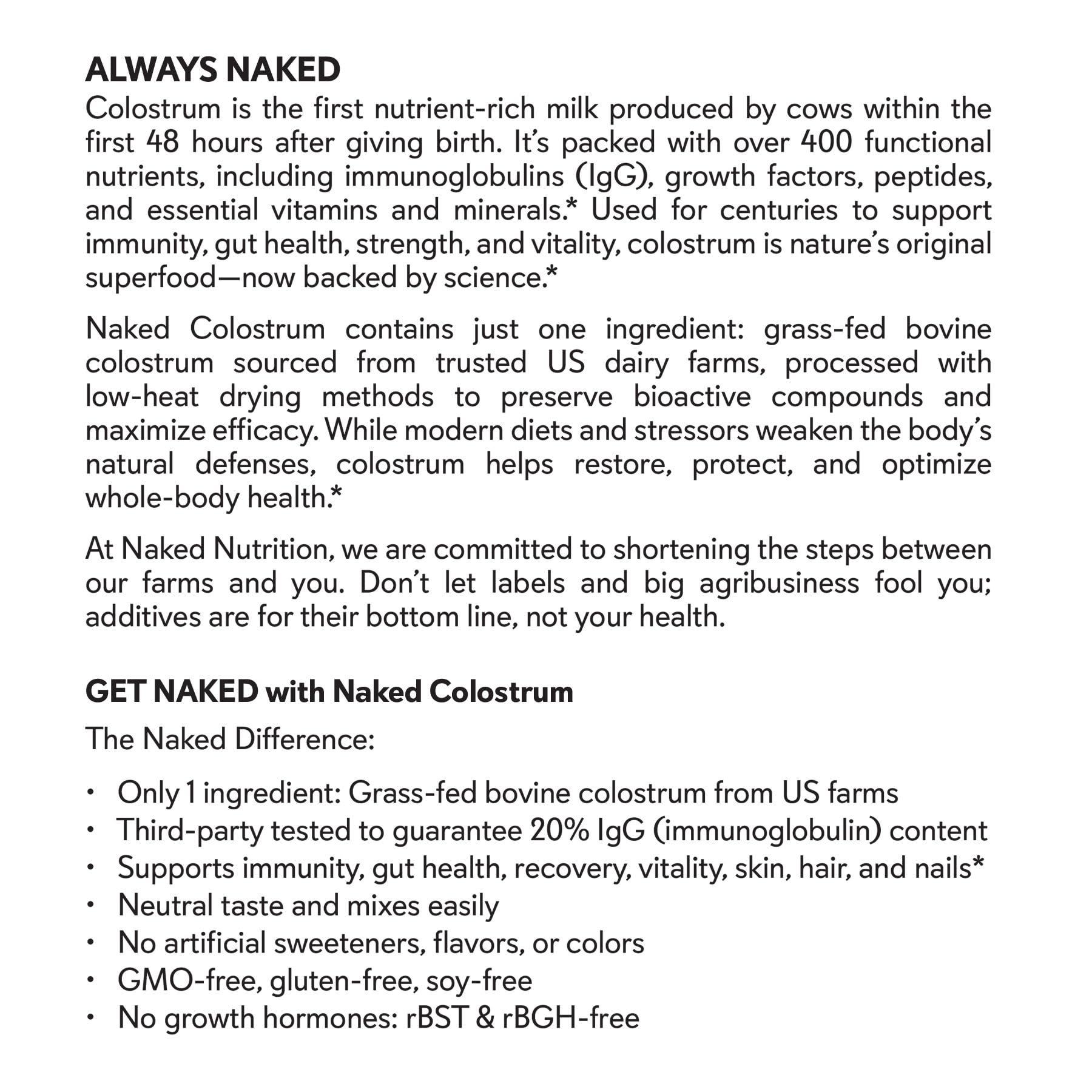 NAKED Colostrum Powder – 100% Grass-Fed Bovine Colostrum Supplement from US Farms | Tested at 20%+ IgG | Gut Health, Immunity, Recovery & Skin Support - 150 Servings NAKEDBuy Supplements Australia