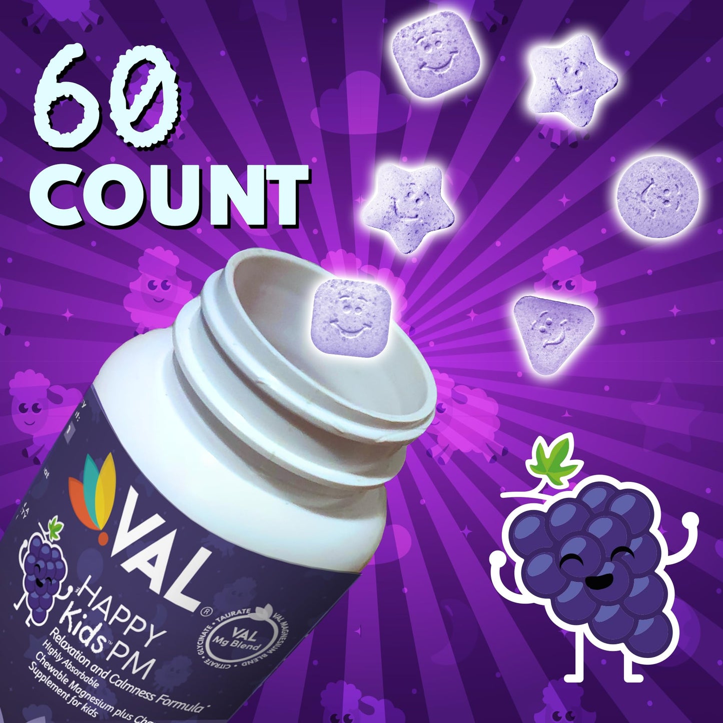 VAL Kids PM Magnesium Gummies | Sugar-Free Chewable Tablets with Chamomile, Magnesium Glycinate + Citrate + Taurate | Vitamin B6 & C | Natural Grape Flavor | Sleep & Calm Support | 60 Ct | Ages 4+ VALBuy Supplements Australia