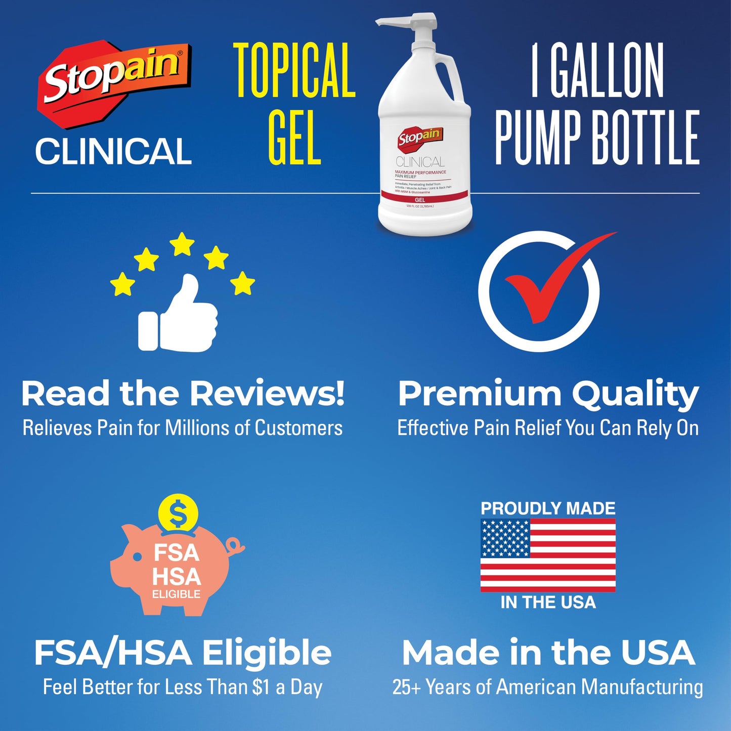 Stopain Clinical Pain Relief Gel 1 Gallon - Professional Formula for Arthritis, Knee, Back & Muscle Pain - Maximum Strength Gel for Joint & Nerve Pains with 10% Menthol Plus Glucosamine - Made in USA StopainBuy Supplements Australia