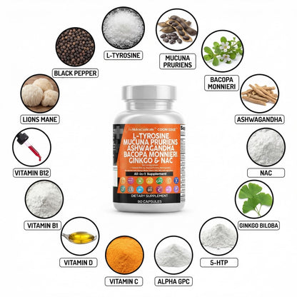 Clean Nutraceuticals L Tyrosine Mucuna Pruriens Bacopa Monnieri Ashwagandha Focus Supplement w/N-Acetyl Cysteine NAC 5-HTP Ginkgo Biloba Alpha GPC Vitamin C D B1 B12 Clean NutraceuticalsBuy Supplements Australia