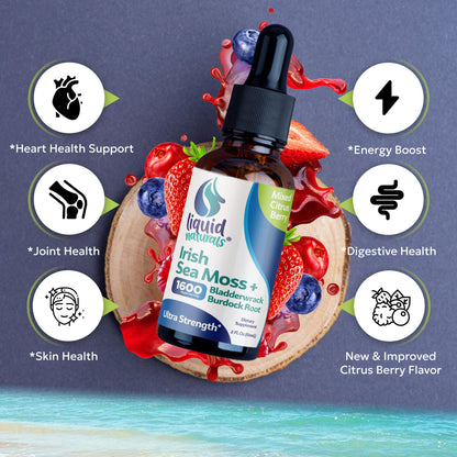 Liquid Naturals Irish Sea Moss Drops - Citrus Berry Flavor - 92+ Essential Minerals & Vitamins - Energy, Skin, Gut, Recovery - Bladderwrack and Burdock Root - 2 fl. oz Liquid NaturalsBuy Supplements Australia