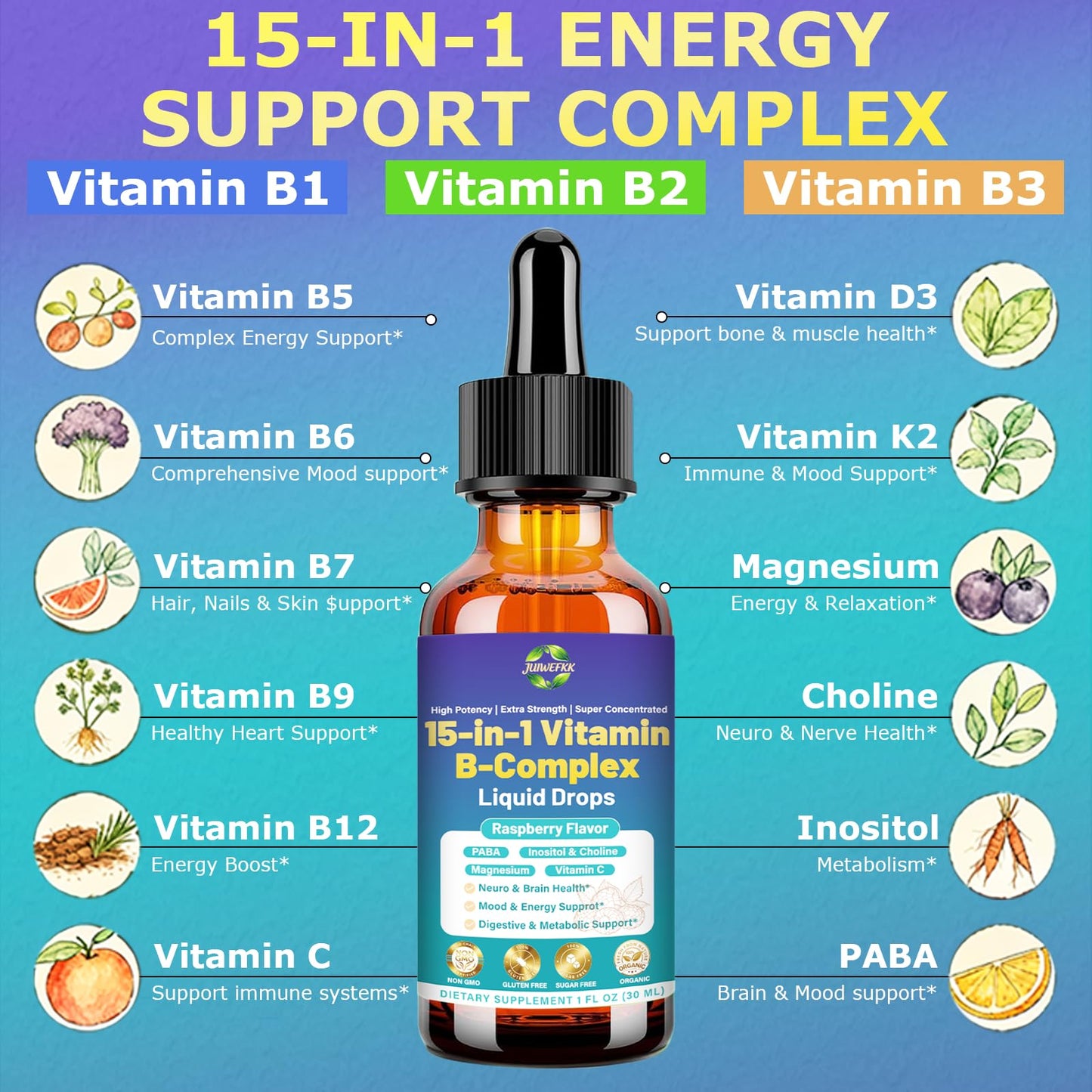 Advanced Vitamin B Complex Liquid Drops for Women Men & Kids, 15-in-1 VIT B Complex with Vitamin C B12 B6 B1 Niacin Folate for Brain Nerve Neuropathy Energy Mood Health, Sublingual B-Complex Drops JUIWEFKKBuy Supplements Australia