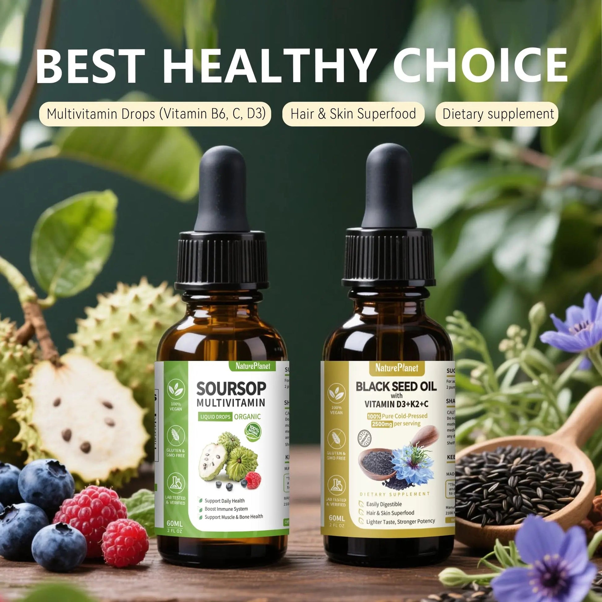 NaturePlanet Organic Soursop Bitters and Black Seed Oil Drops Bundles with Vitamins D3, K2, B6, C | NaturePlanet