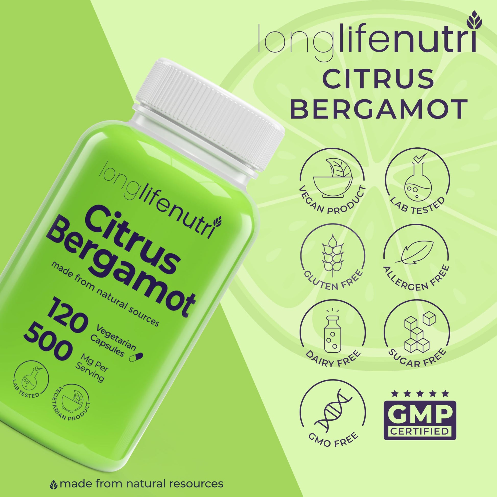 LongLifeNutri Citrus Bergamot Extract 500mg - 120 Vegetarian Capsules, 40% Polyphenolic Flavanones, 4-Month Supply, Plant-Based Anti-Oxidant, Tested, Made in USA LongLifeNutriBuy Supplements Australia