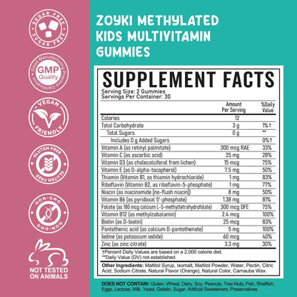 Zoyki Methylated Multivitamin Gummies for Kids - Children’s MTHFR Support Supplement with B Complex 5-MTHF Folate (L-Methylfolate) Zoyki