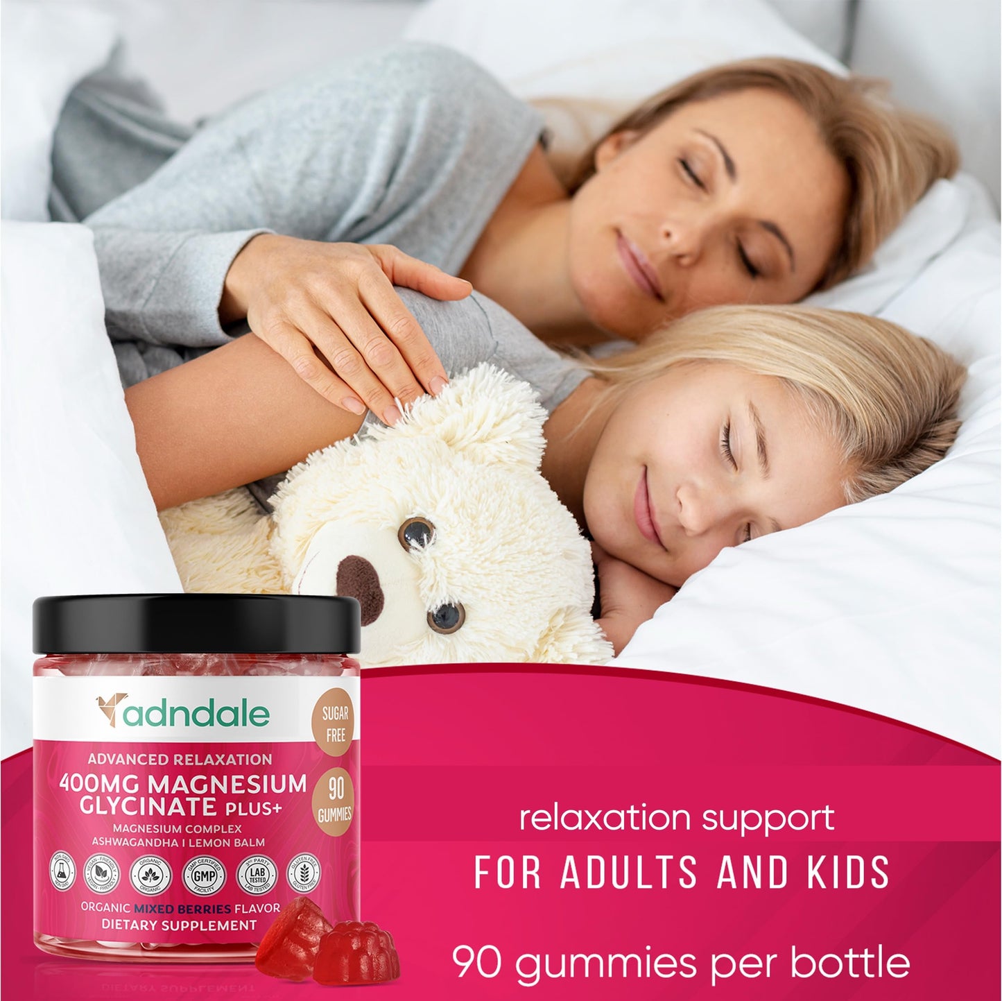 Adndale 90 CT Magnesium Glycinate 400 mg Gummies with Ashwagandha, Magnesium Malate & Taurate, Sugar Free Magnesium Gummies