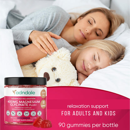 Adndale 90 CT Magnesium Glycinate 400 mg Gummies with Ashwagandha, Magnesium Malate & Taurate, Sugar Free Magnesium Gummies