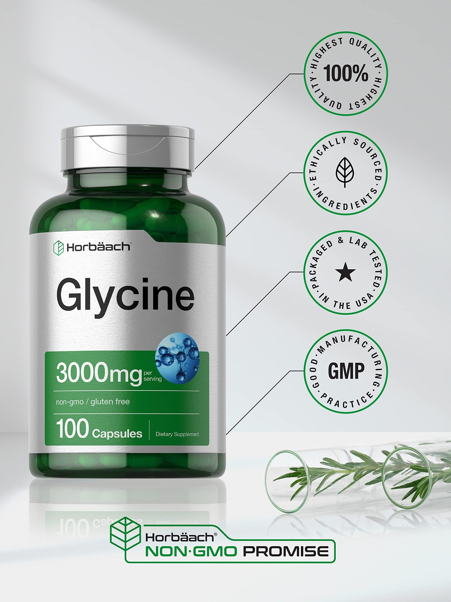 Glycine 3000 mg 100 Capsules | Non-GMO, Gluten Free Glycine Supplement | by Horbaach HorbäachBuy Supplements Australia