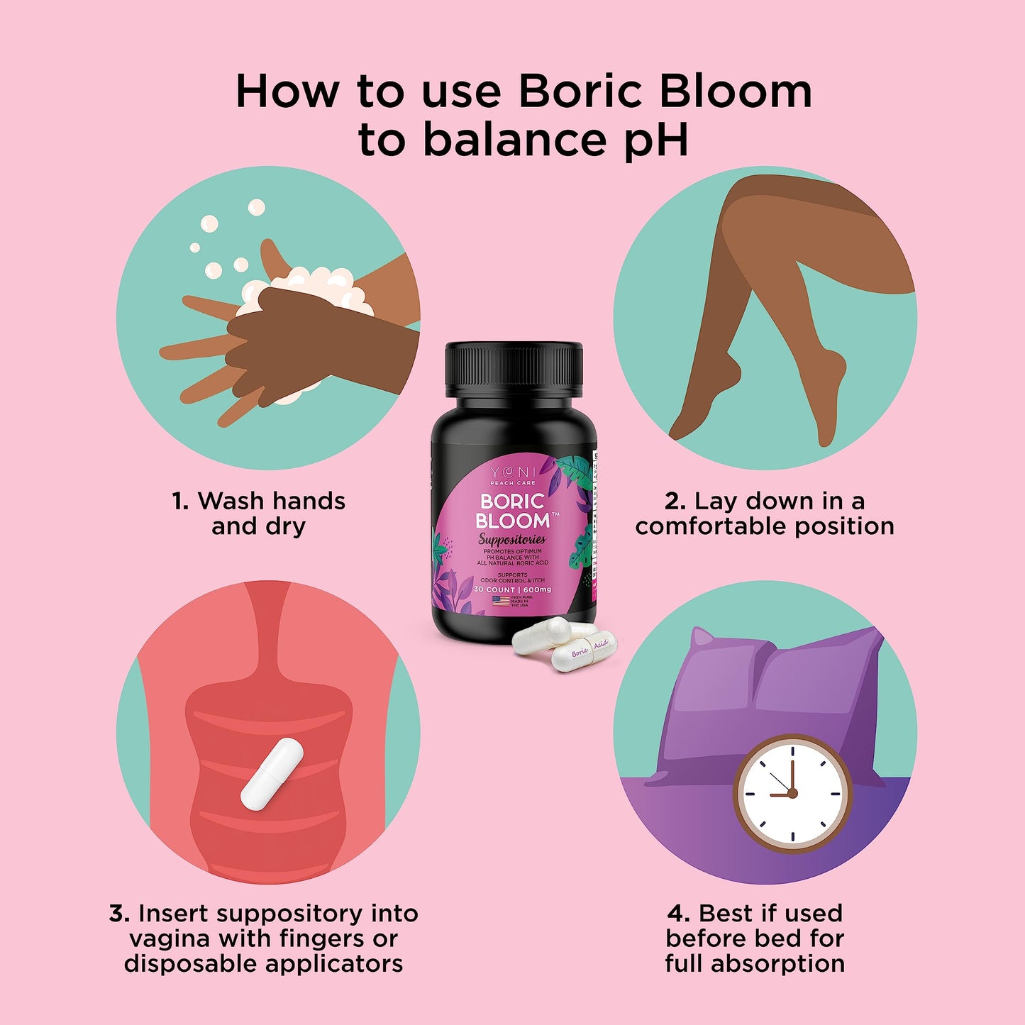 Boric Acid Suppositories - Vaginial Suppository Bacterial Vaginosis, pH Balance for Women Pills Yoni Peach CareBuy Supplements Australia