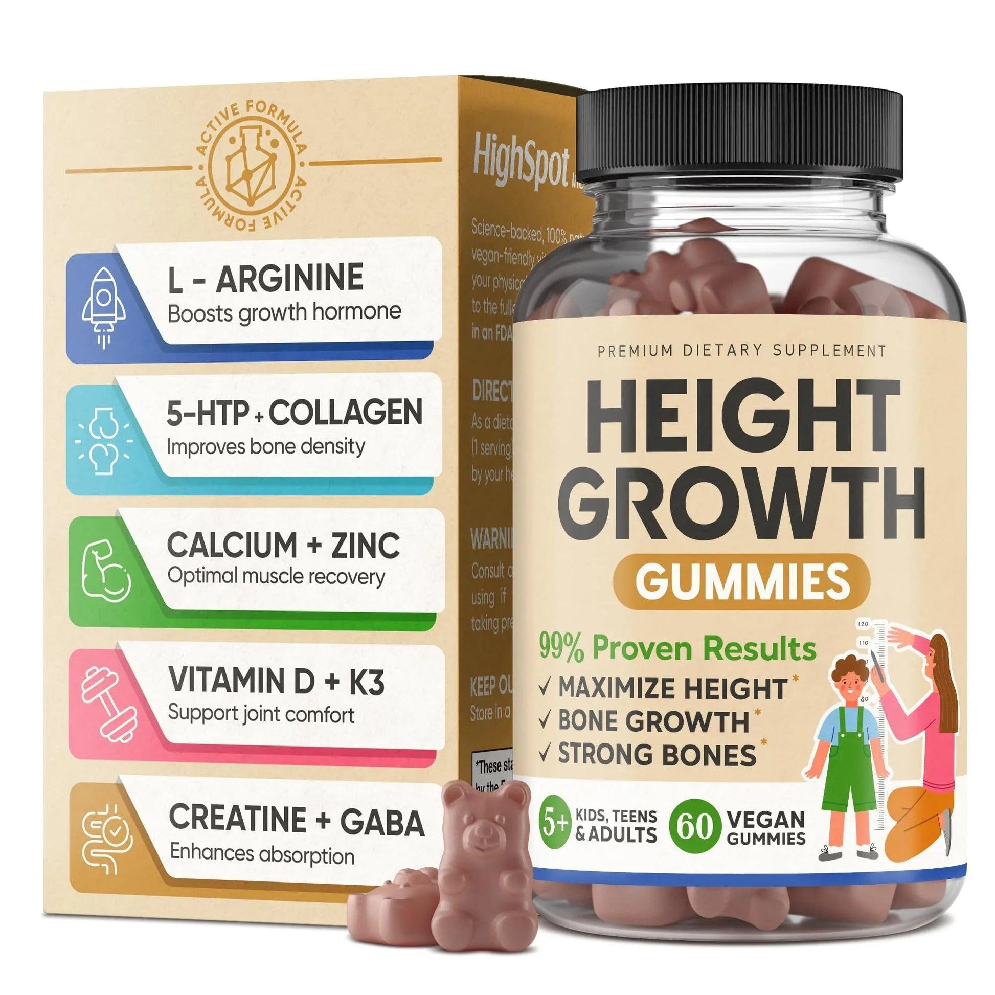 Height Growth Increase Vitamin Gummies, Calcium 100mg, Magnesium Glycinate 30mg, Zinc, Ashwagandha, Vitamin K2 D3 25mg Grow Tall Maximizer Supplement HighSpot