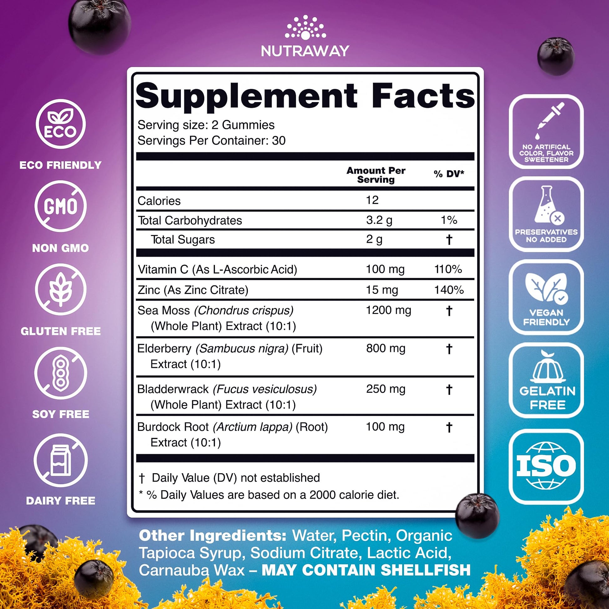 NUTRAWAY LABS Sea Moss Gummies with Elderberry, Vitamin C & Zinc - 102 Minerals from Irish Sea Moss, Bladderwrack & Burdock Root for Immune Support - Vegan Seamoss Supplement (Pack of 1) NUTRAWAY LABSBuy Supplements Australia