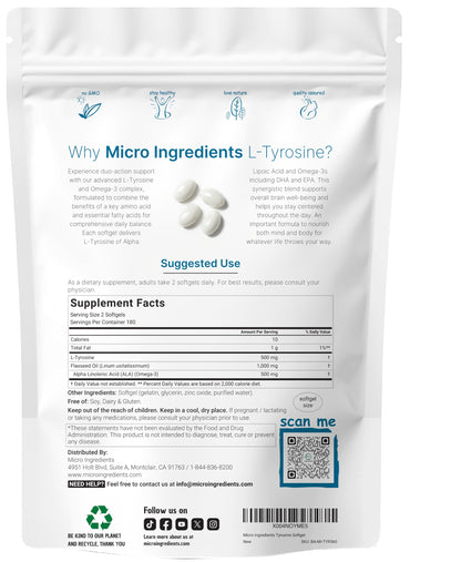 L Tyrosine Supplement 500mg with Omega-3, 360 Softgels | Duo Action Amino Acids + Omega from Flaxseed Oil 1,000mg with ALA | Heart and Mood Support | Brain Supplements for Memory and Focus | Non-GMO Micro IngredientsBuy Supplements Australia