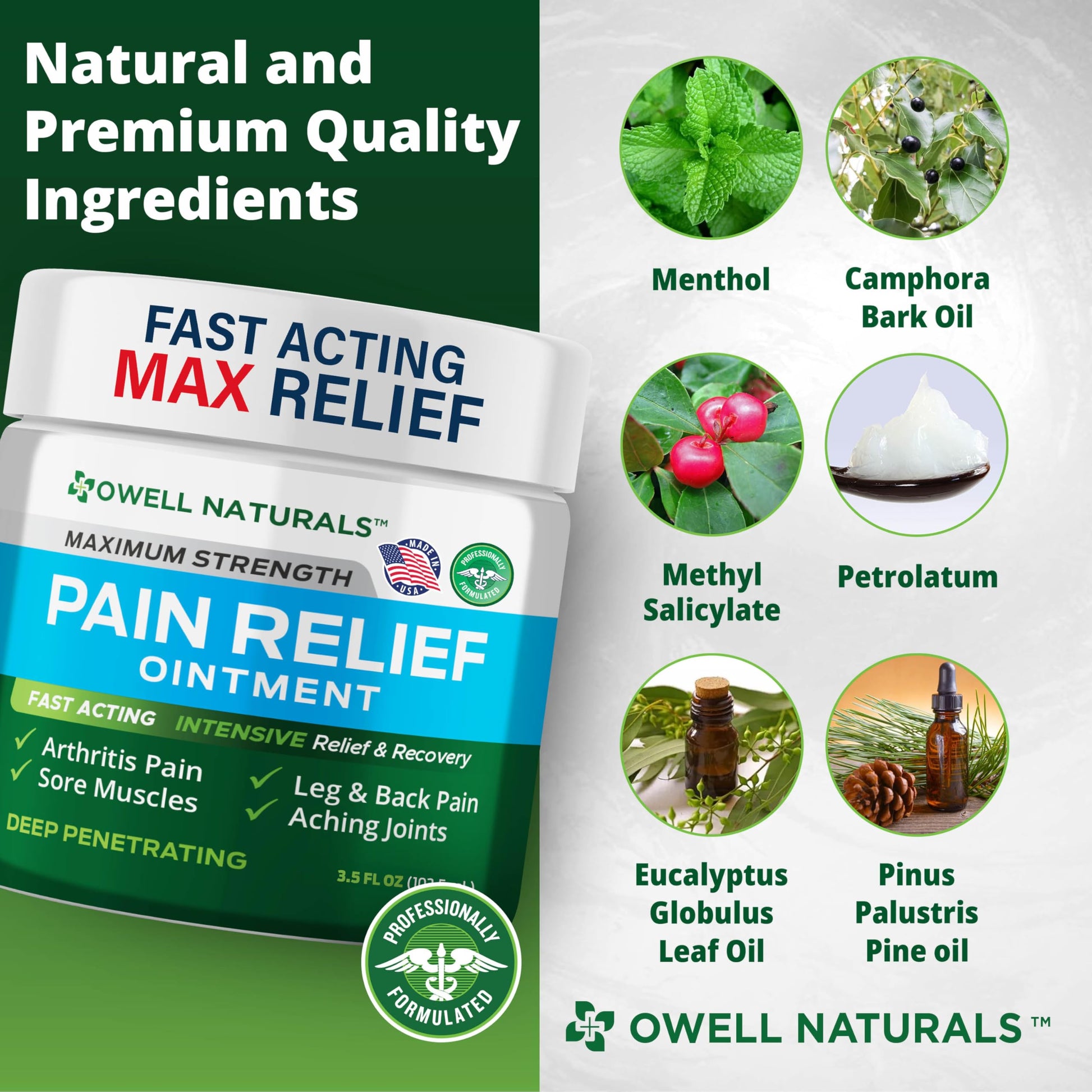 OWELL NATURALS Pain Relief Ointment Deep Penetrating Fast Acting Formula for Arthritis, Joint & Muscle Discomfort, Stiffness, Long-Lasting Soothing Balm, 3.5 oz Owell NaturalsBuy Supplements Australia