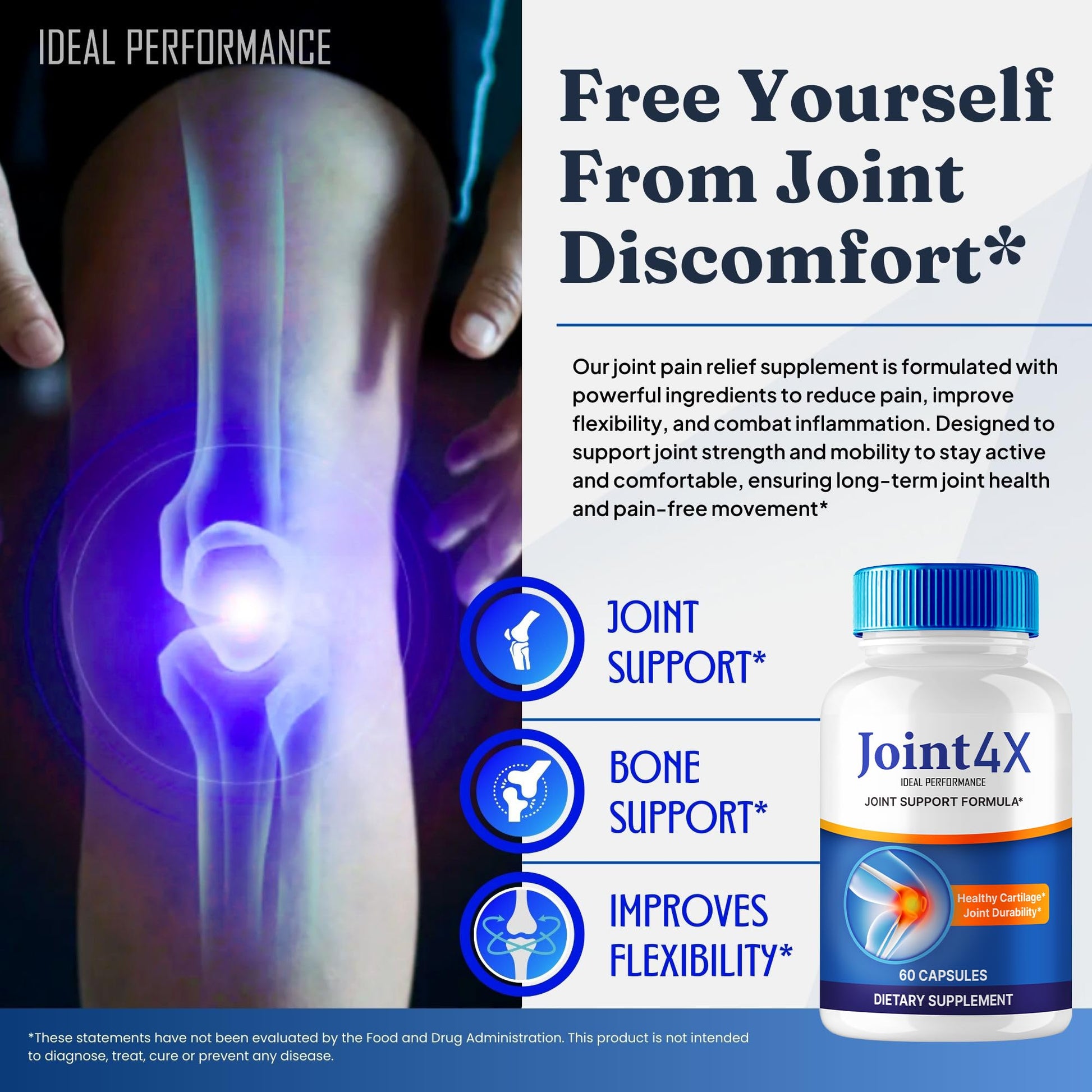 Joint4X Joint Support Capsules, Official Joint-4X Supplement Pills, All-Natural Formula to Fortify Bones and Bolster Flexibility - Maximum Strength, Joint 4X Pills Reviews (60 Capsules) IDEAL PERFORMANCEBuy Supplements Australia