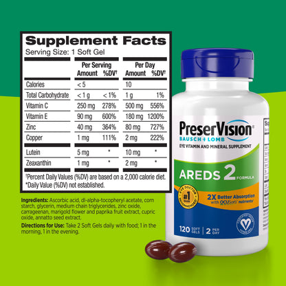 PreserVision AREDS 2 Eye Vitamin & Mineral Supplement with OCUSorb, 120 Vegan Soft Gels, Contains Lutein, Zeaxanthin, Vitamin C & E, Zinc, & Copper, Eye Health Supplements for Adults PreserVisionBuy Supplements Australia