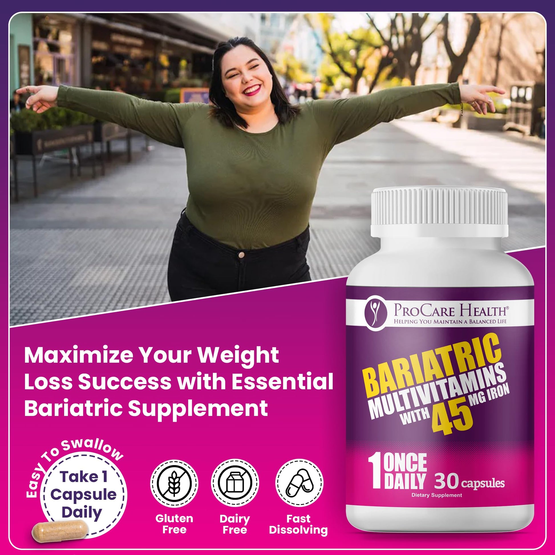 ProCare Health Bariatric Multivitamin with 45mg Iron (30 Easy to Swallow Capsules) - Once Daily Post-Op Support for Gastric Bypass ProCare HealthBuy Supplements Australia