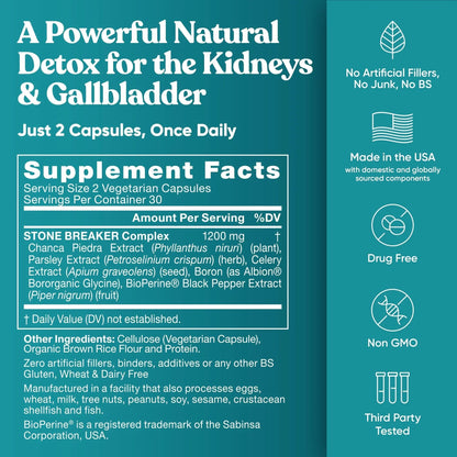 Chanca Piedra Stone Breaker - The Original Stone Breaking Formula with Celery Seed & Parsley - Supports Kidney, Gallbladder & Urinary Tract Cleansing to Help Flush Impurities - 60 Vegetarian Capsules Eu NaturalBuy Supplements Australia