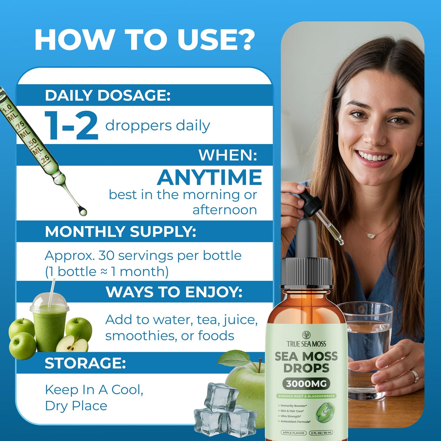 Irish Sea Moss Liquid Drops - 3000mg Formula - with Bladderwrack, Burdock Root & Black Cumin Seed - Liquid Supplement - Apple Flavor - 2 Fl Oz (60ml) TrueSeaMossBuy Supplements Australia
