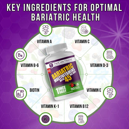 Procare Health Bariatric Multivitamin with Iron 45mg Chewable (90 Tablets) - Fruit Punch Flavor Bariatric Multivitamin Chewable Pills for Gastric Bypass ProCare HealthBuy Supplements Australia