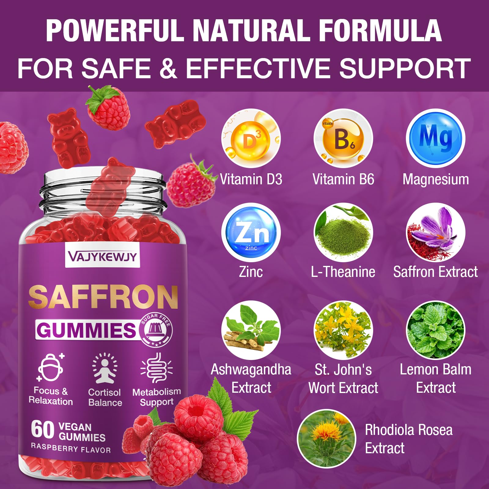 VAJYKEWJY Saffron Gummies (88.5 mg) with Magnesium — Enhanced with St. John’s Wort, Rhodiola, Ashwagandha & Vitamins B6, B12, D3 for Mood & Focus Support — 60 Count VAJYKEWJYBuy Supplements Australia