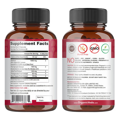 Organic Veda Beet Root Capsules - Triple Reds Nitric Oxide Beets Supplements - Concentrated Nitrates and Vitamin C Blend of Beet Root Extract, Red Spinach, Pomegranate, Black Pepper - 120 Capsules