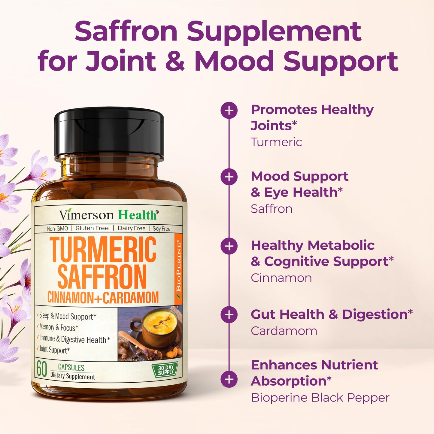 Saffron Supplements – 89mg Saffron Extract, 1000mg Turmeric Curcumin, Ceylon Cinnamon & Cardamom – Daily Mood, Joint & Metabolic Support