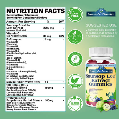 AuraraNeNourish Sugar Free Soursop Gummies with Probiotics & Fiber 100 Billion CFUs, Organic Soursop Leave Extract with Vitamin C B-Complex for Digestive Gut Health, Energy Balance, Immune Boost AuraraNeNourishBuy Supplements Australia