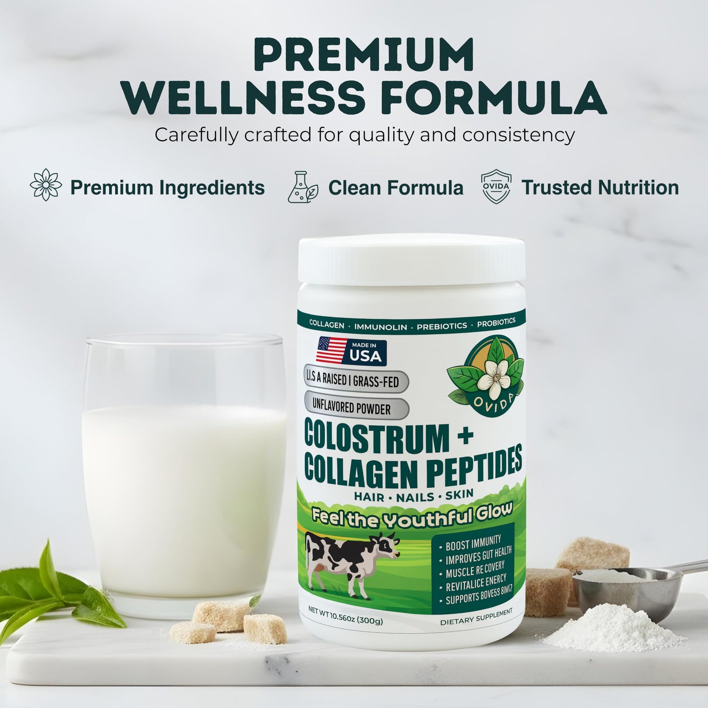 Bovine Colostrum and Hydrolyzed Collagen Peptides Powder Supplement for Women & Men - Supports Gut Health, Joint & Bone Health, Hair Skin Nails - Grass-Fed, Non-GMO, Gluten Free, 300g (30 Servings) OVIDABuy Supplements Australia